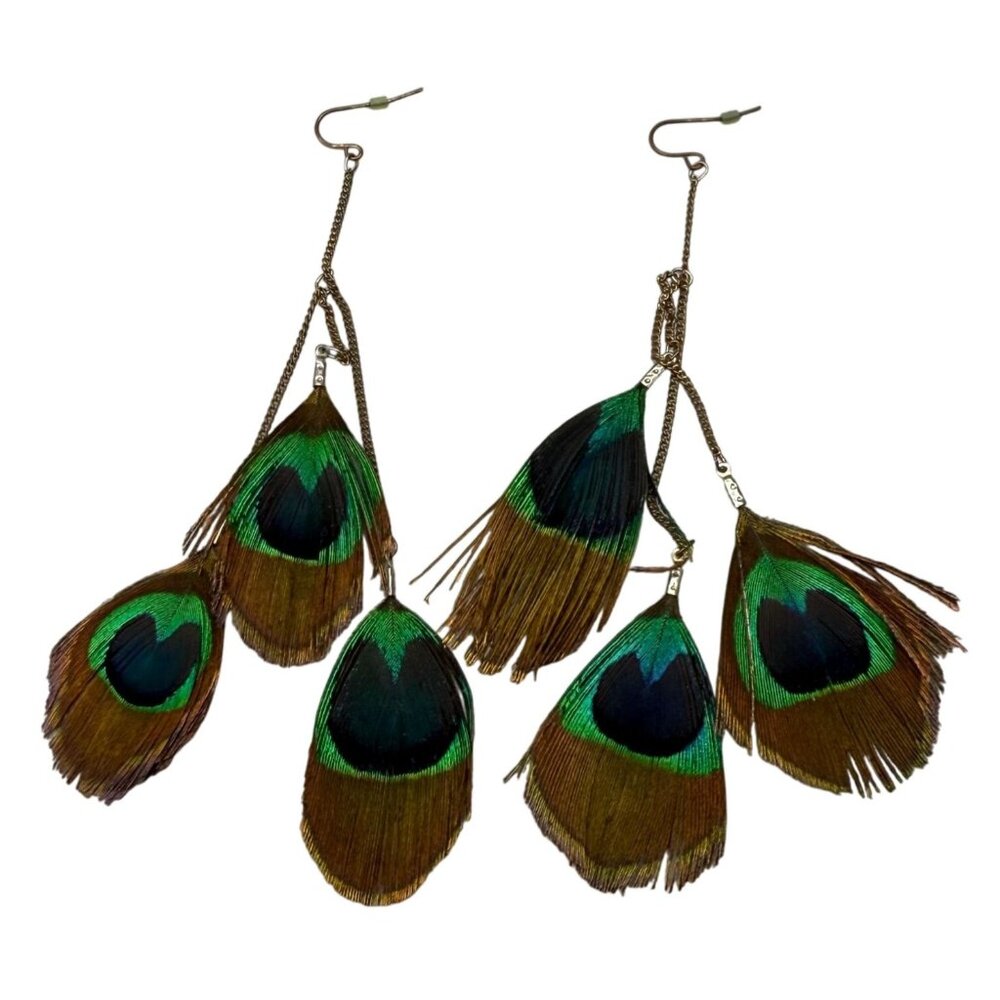 Blue Brown Asymmetrical Peacock Feathers Dangle Drop Chain Earrings Gold Tone